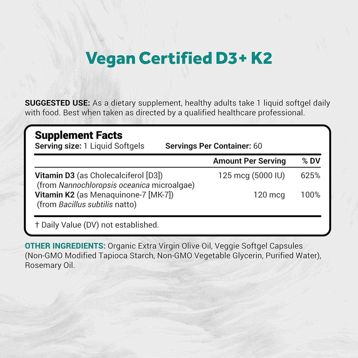 Vegan Vitamin D3 + K2 Algae Supplement | 5000iu D & 120mcg K | Vegan Society Certified, Sustainably Sourced | 60 Softgels
