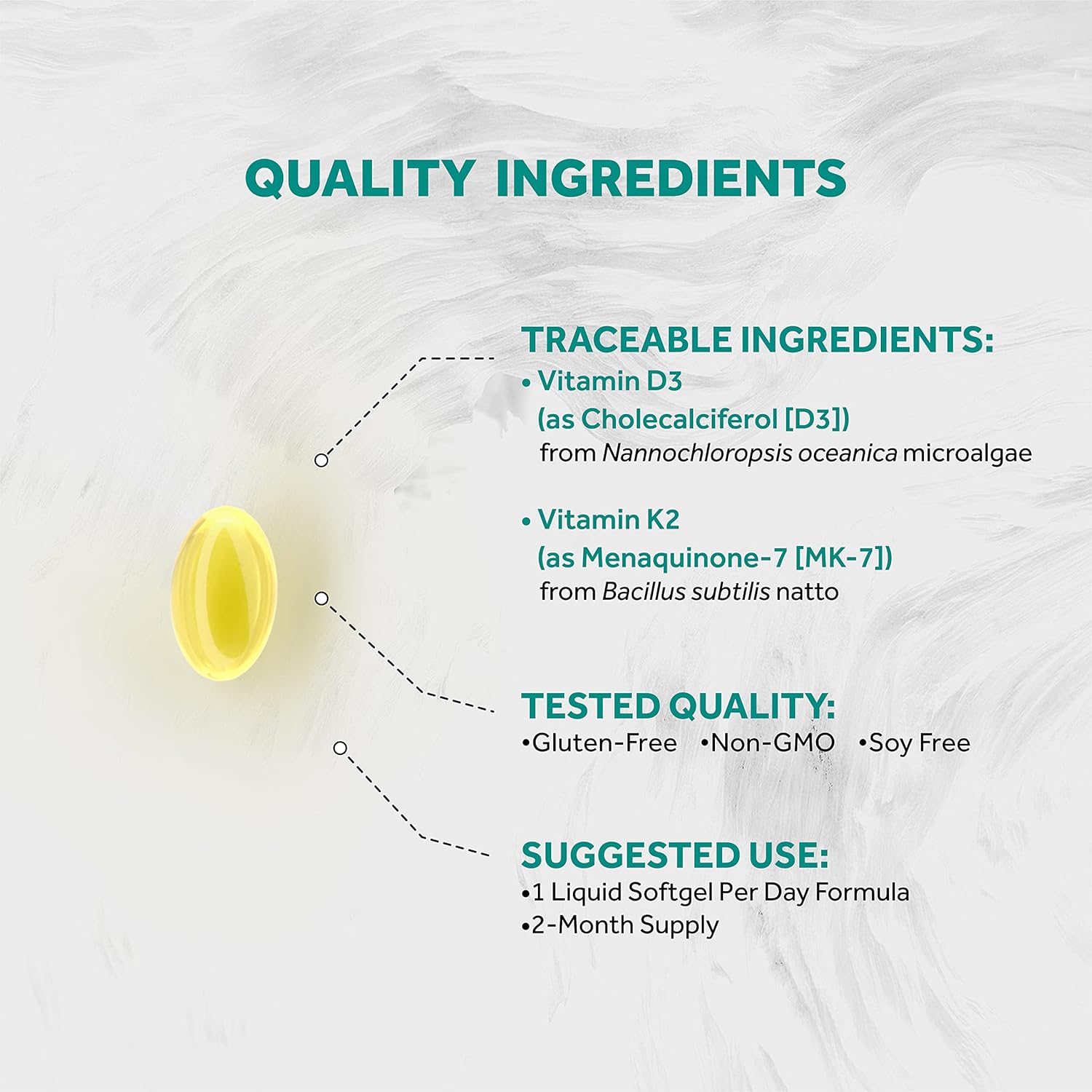 Vegan Vitamin D3 + K2 Algae Supplement | 5000iu D & 120mcg K | Vegan Society Certified, Sustainably Sourced | 60 Softgels