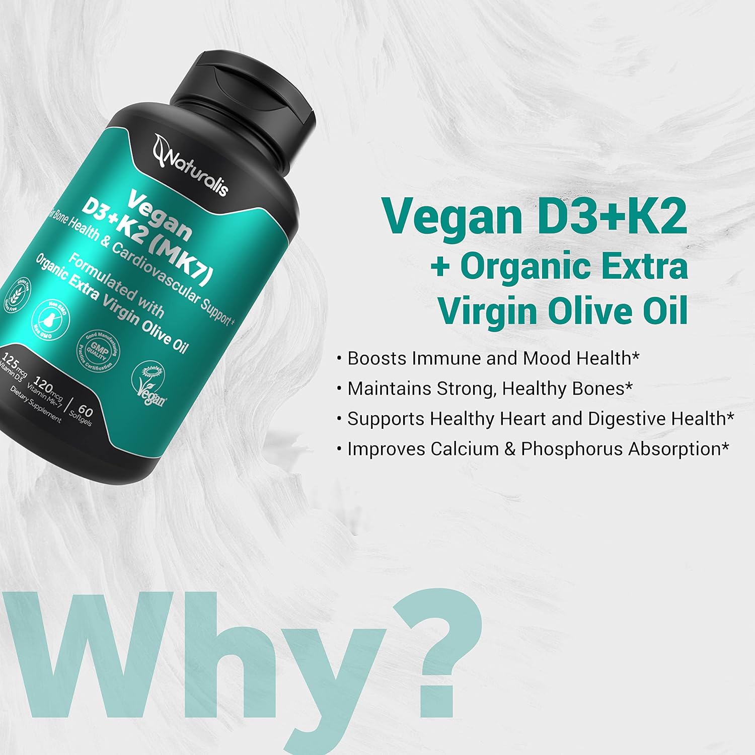Vegan Vitamin D3 + K2 Algae Supplement | 5000iu D & 120mcg K | Vegan Society Certified, Sustainably Sourced | 60 Softgels