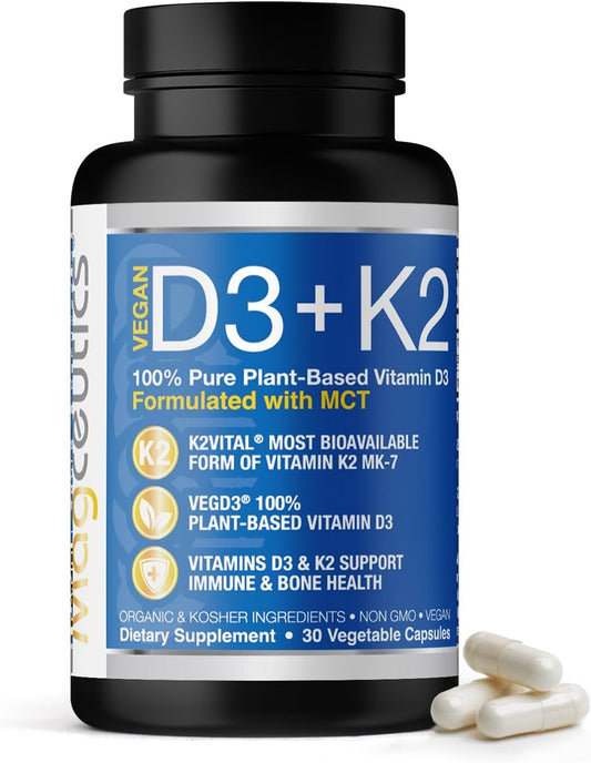 Vegan Vitamin D3 K2 Capsules with MCT for Bone and Immune Health - 30 Day Supply