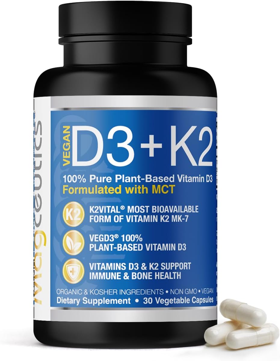 Vegan Vitamin D3 K2 Capsules with MCT for Bone and Immune Health - 30 Day Supply
