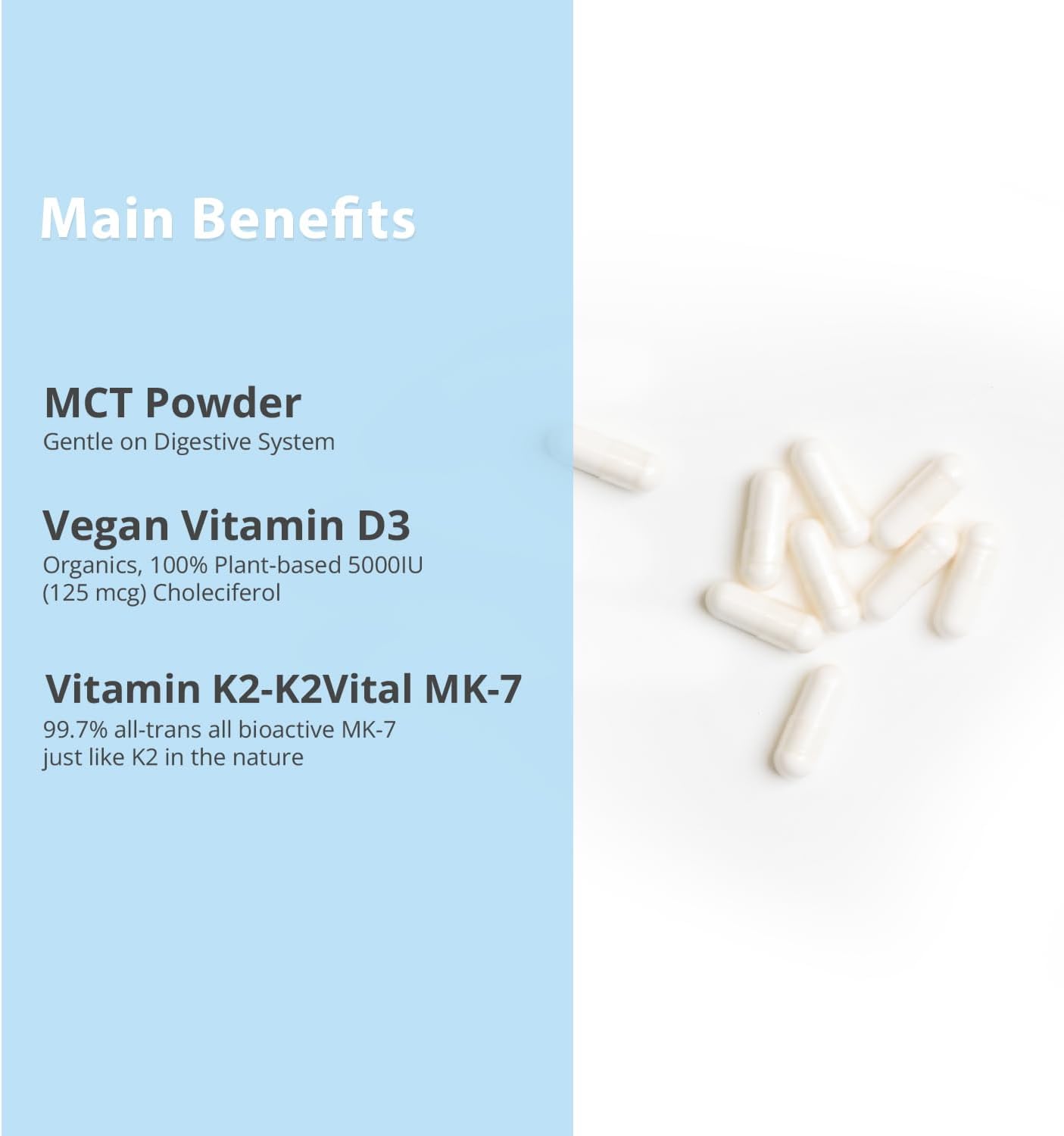 Vegan Vitamin D3 K2 Capsules with MCT for Bone and Immune Health - 30 Day Supply