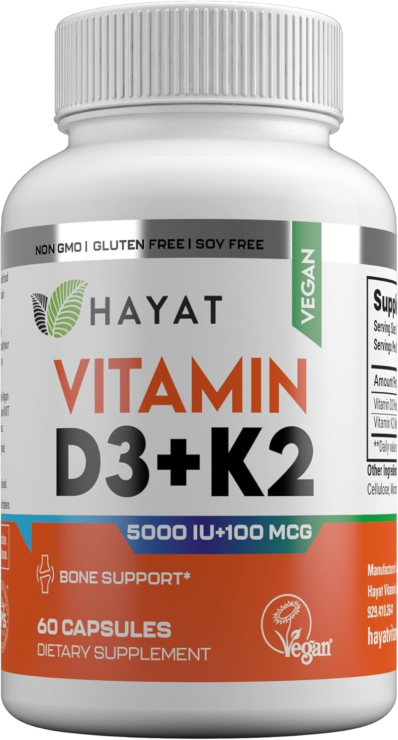 Vegan Vitamin D3+K2 Supplement for Bone, Teeth, Muscle & Immune Health Support - 60 Capsules (5000 IU + 100 MCG) - Halal Certified - Made in USA - 2 Month Supply