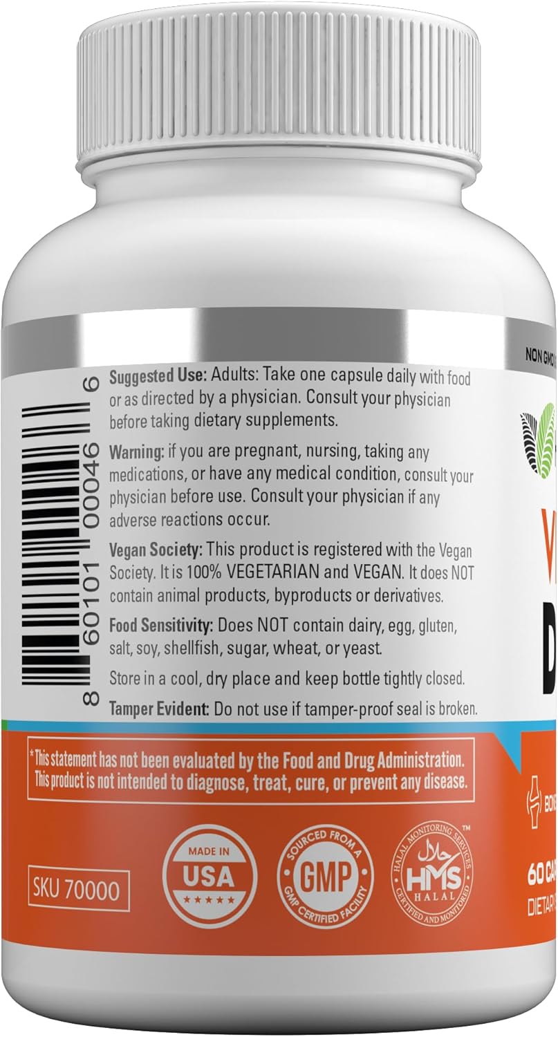 Vegan Vitamin D3+K2 Supplement for Bone, Teeth, Muscle & Immune Health Support - 60 Capsules (5000 IU + 100 MCG) - Halal Certified - Made in USA - 2 Month Supply