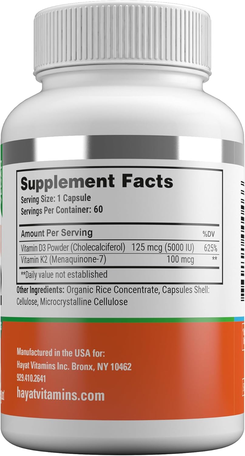 Vegan Vitamin D3+K2 Supplement for Bone, Teeth, Muscle & Immune Health Support - 60 Capsules (5000 IU + 100 MCG) - Halal Certified - Made in USA - 2 Month Supply