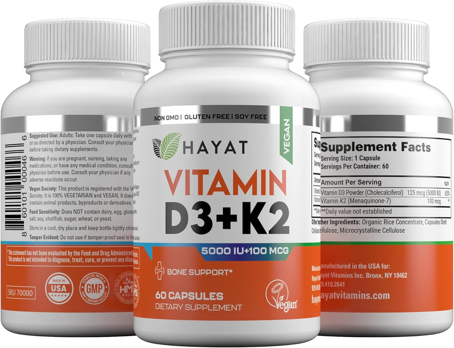 Vegan Vitamin D3+K2 Supplement for Bone, Teeth, Muscle & Immune Health Support - 60 Capsules (5000 IU + 100 MCG) - Halal Certified - Made in USA - 2 Month Supply