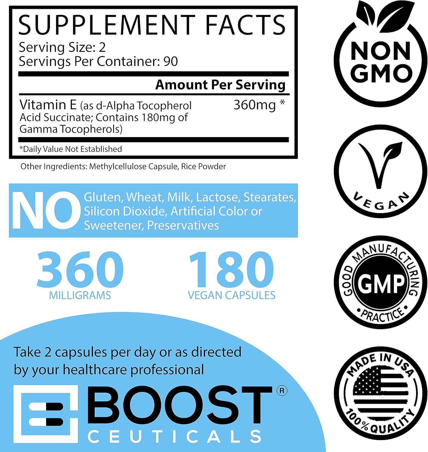 Vegan Vitamin E 400 IU Mixed Tocopherols Complex - Non-GMO, Gluten-Free, High Potency Gamma E - 180 Capsules by BoostCeuticals