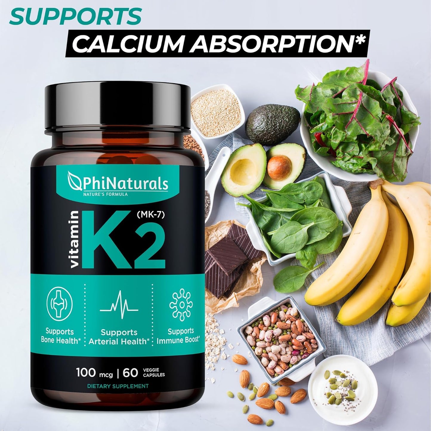Vegan Vitamin K2 Mk7 100mcg Capsules for Bone and Heart Health - Natto Derived VIT K-2 MK-7 Supplement