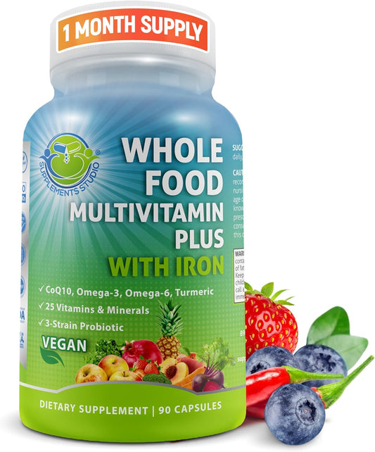 Vegan Whole Food Multivitamin with Iron, Daily Supplement for Women and Men, 90 Count, Non-GMO
