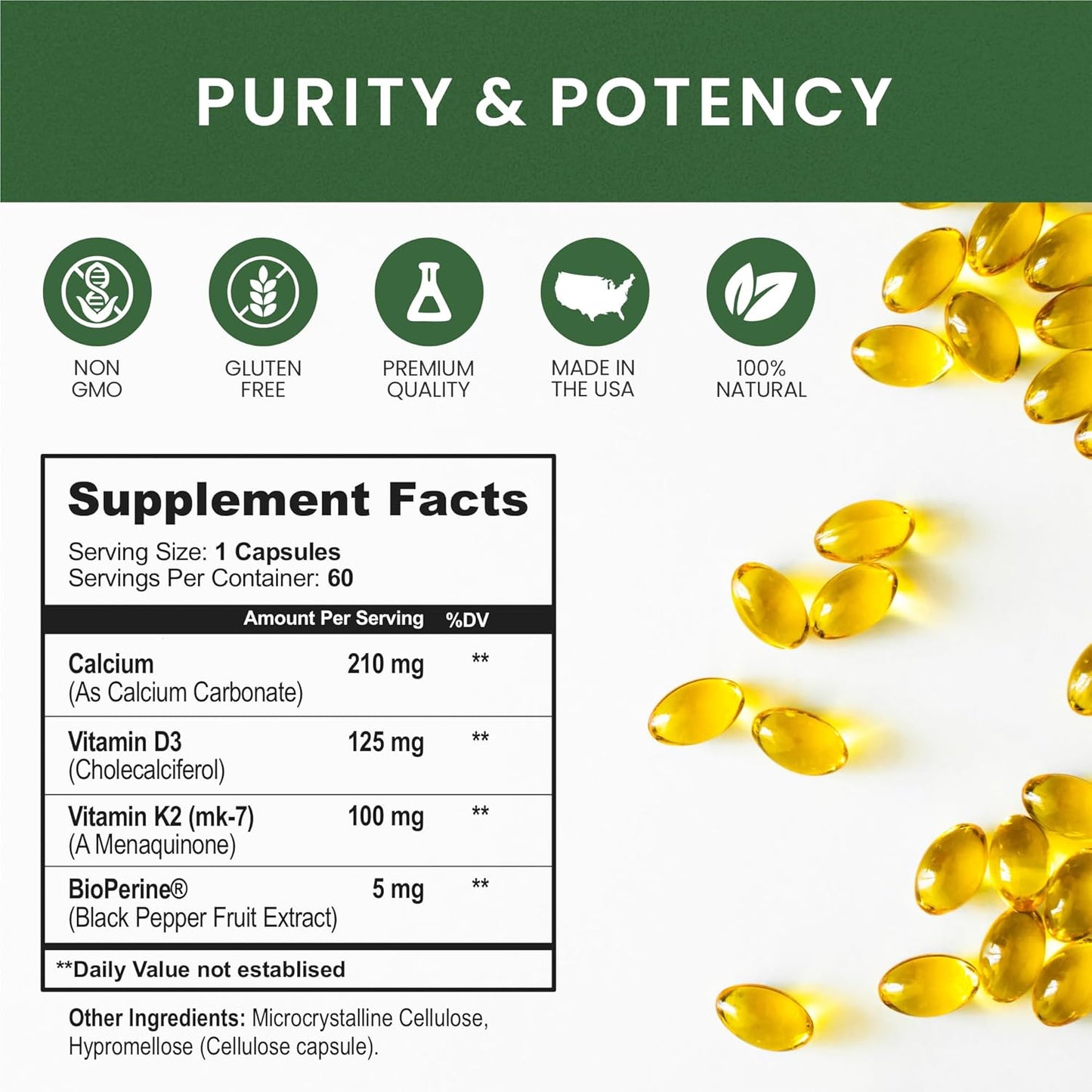 Vegan Whole Nature K2 D3 Vitamin Supplement with BioPerine - 60 Capsules for Heart & Bone Health