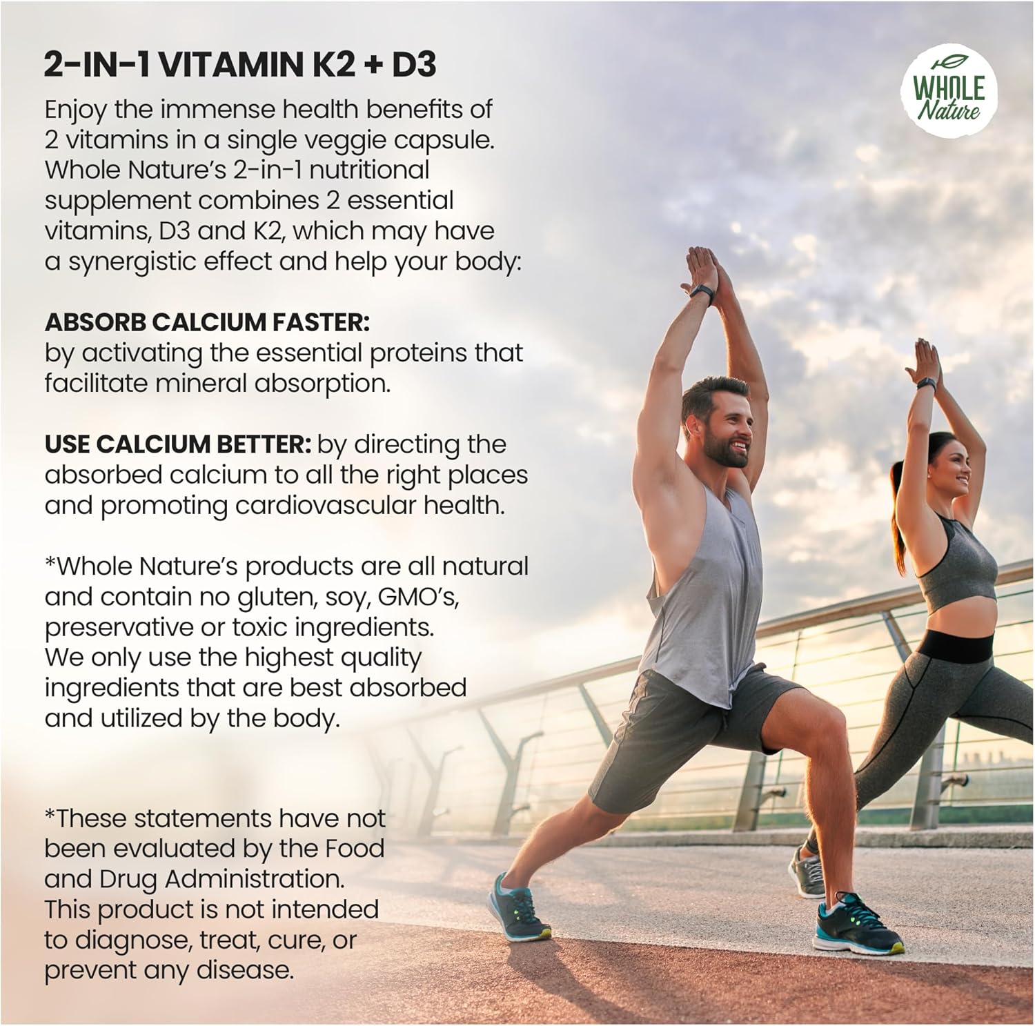 Vegan Whole Nature K2 D3 Vitamin Supplement with BioPerine - 60 Capsules for Heart & Bone Health