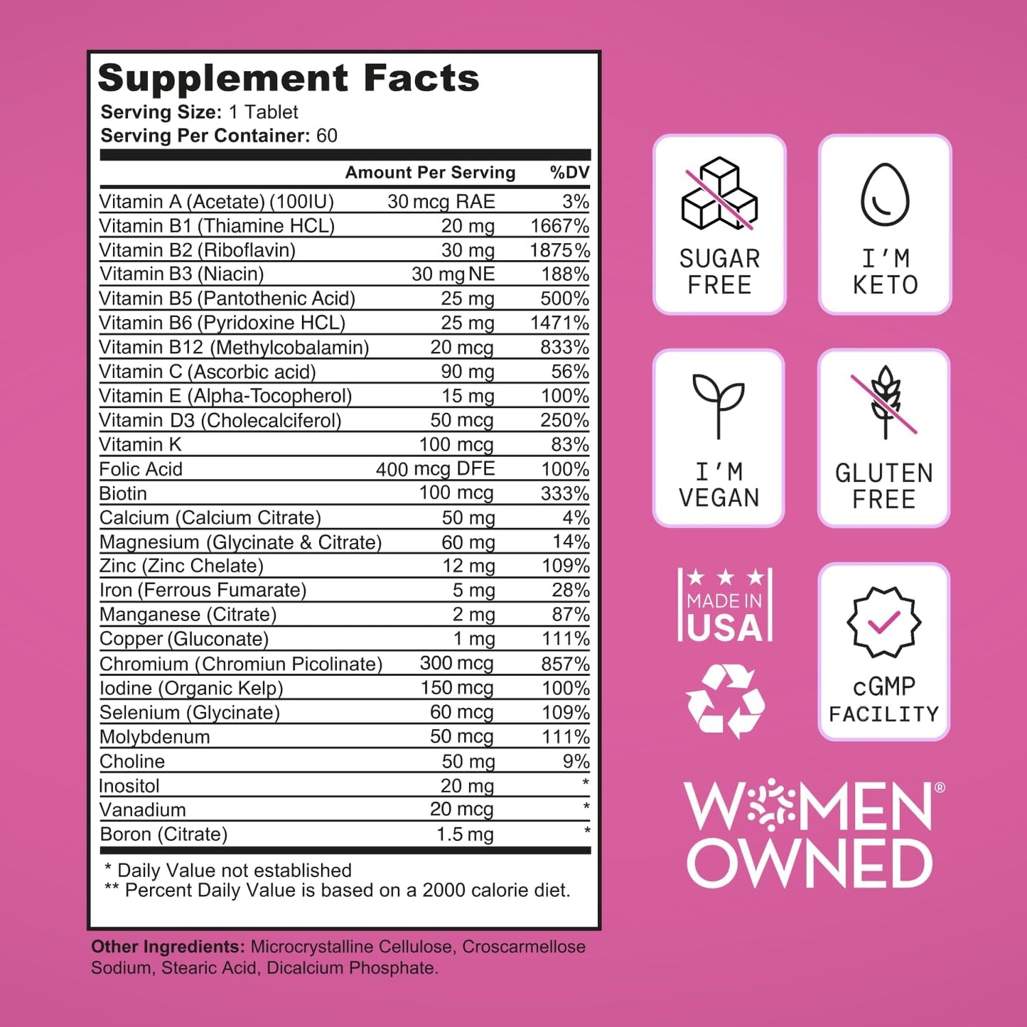 Vegan Women's Multivitamin with 28 Nutrients for Energy, Sleep, Skin, and Cravings - Gluten-Free Keto Supplement - 2-Month Supply from USA