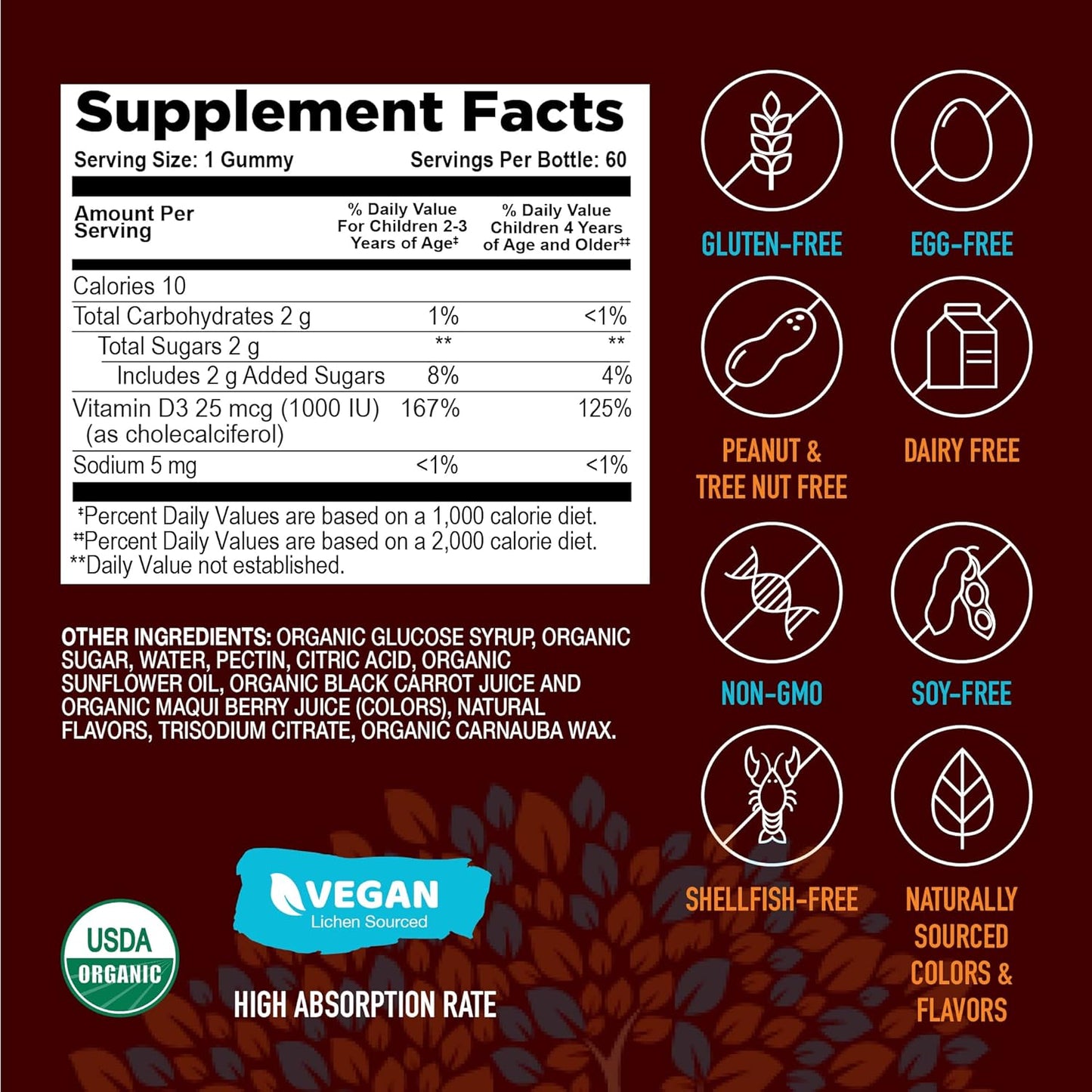 Vegan YUM-V'S Strong Earth Organic Vitamin D3 Gummies - 1000 IU (60 Count) for Bone & Immune Support