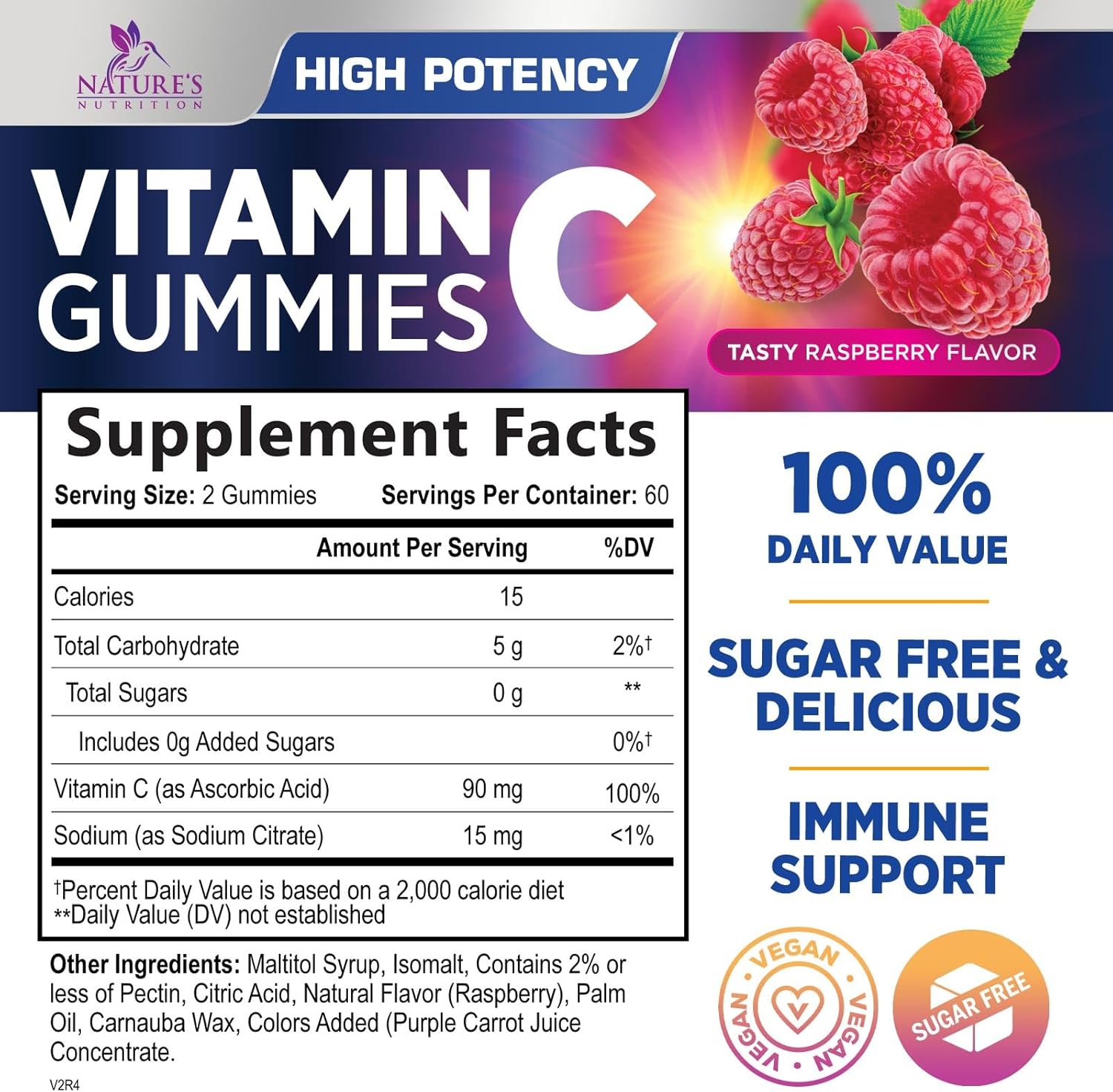 Vegan Zero Sugar Vitamin C Gummies - Immune Support & Antioxidant Supplement - Non-GMO, Gluten Free - Raspberry Flavor - 120 Count