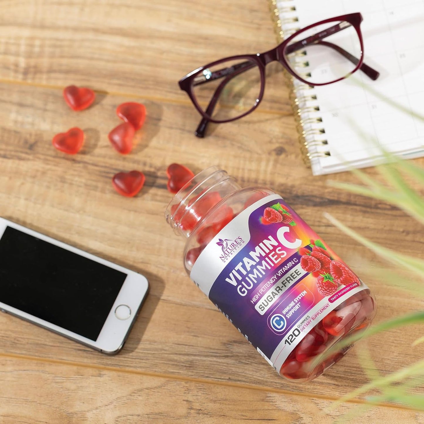 Vegan Zero Sugar Vitamin C Gummies - Immune Support & Antioxidant Supplement - Non-GMO, Gluten Free - Raspberry Flavor - 120 Count