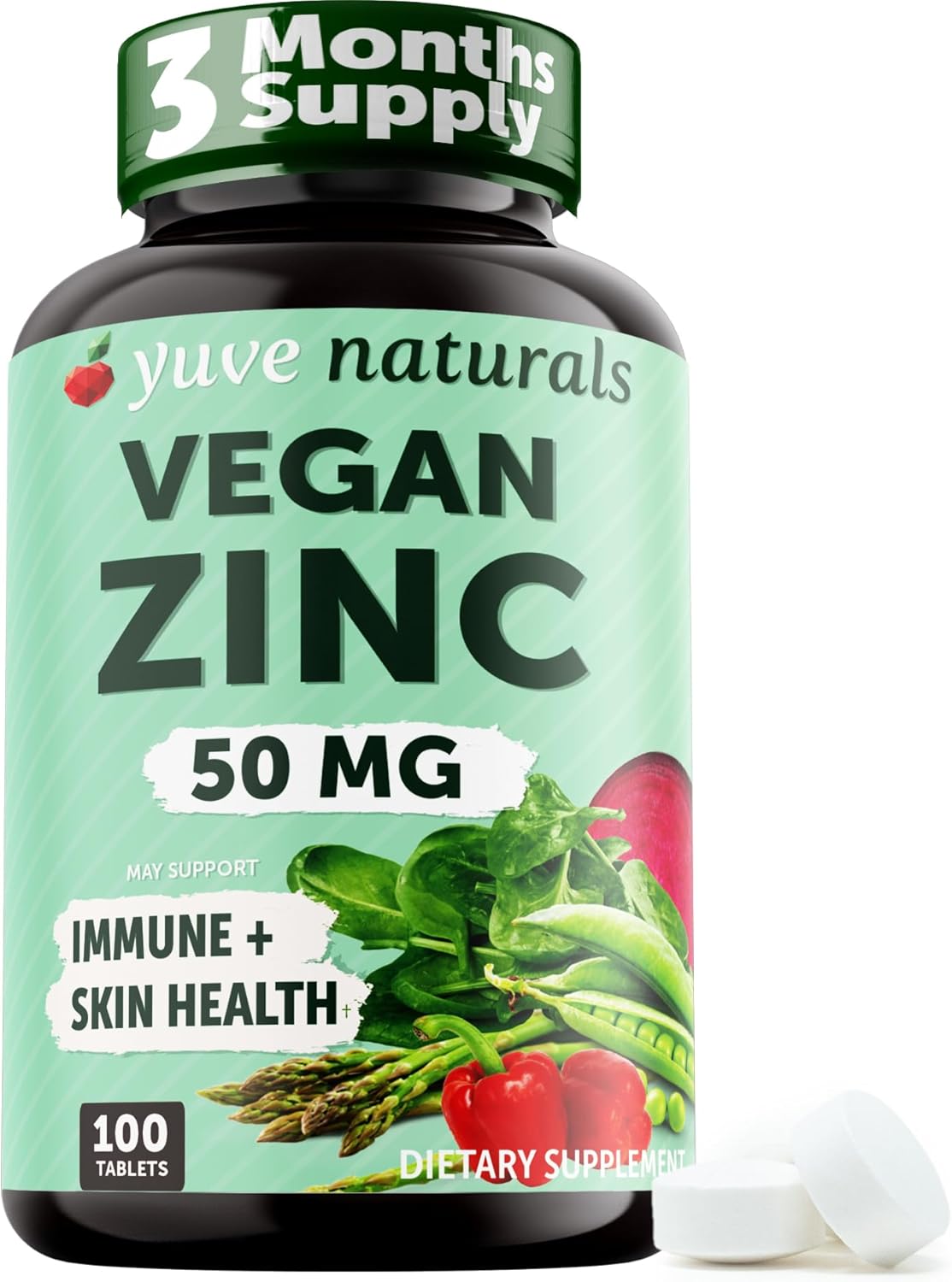 Vegan Zinc Supplements 50mg for Immune Support, Cold & Flu Relief, Acne-Free Skin - 100 Tablets
