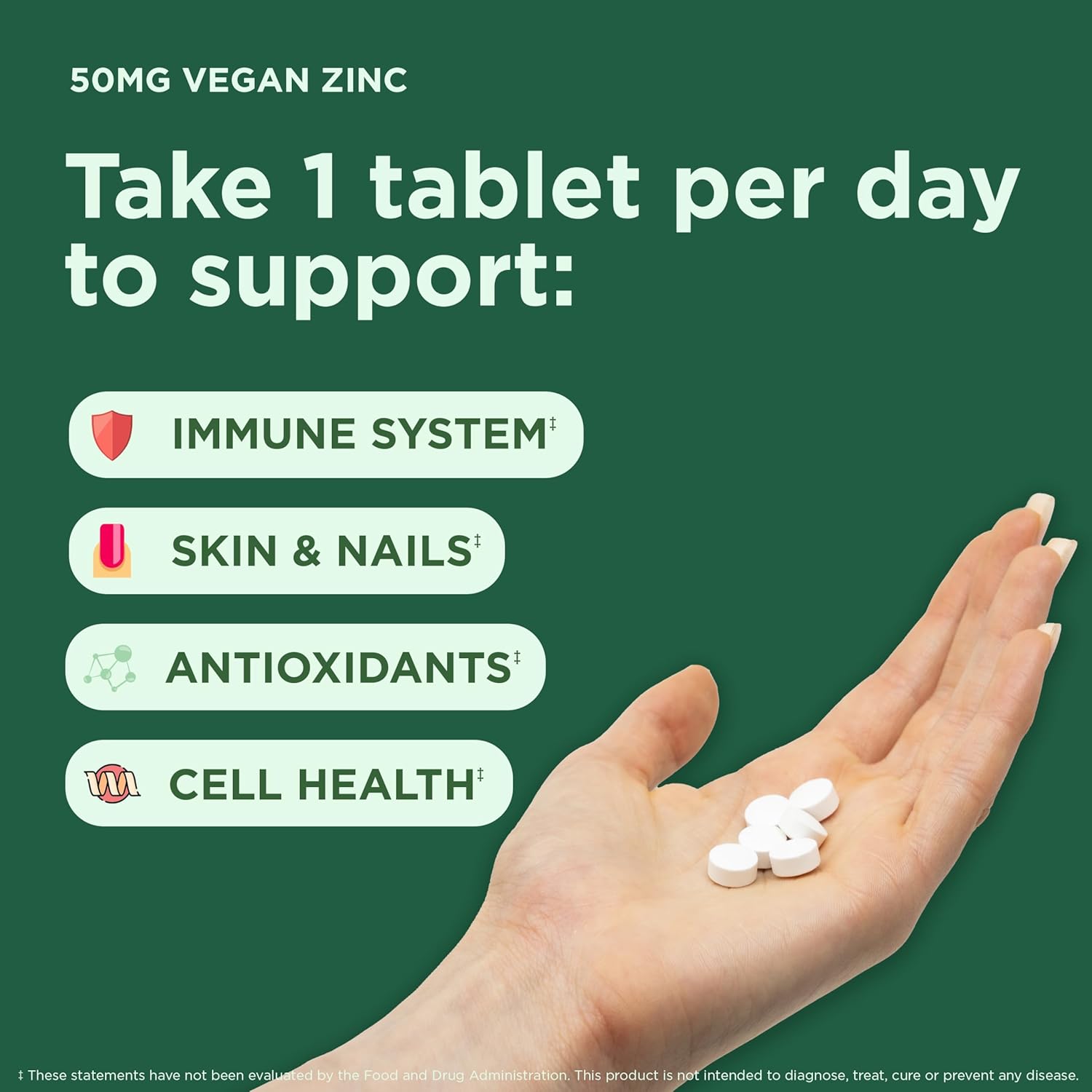 Vegan Zinc Supplements 50mg for Immune Support, Cold & Flu Relief, Acne-Free Skin - 100 Tablets
