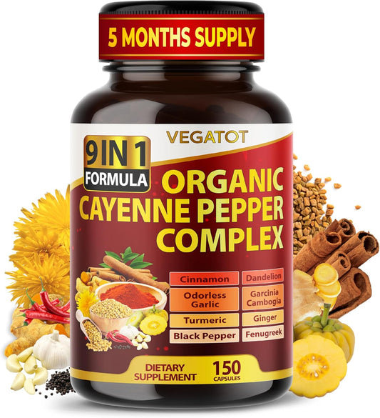 VEGATOT Organic Cayenne Pepper Complex with Cinnamon, Ginger, Turmeric for Health & Wellness - 150 Count