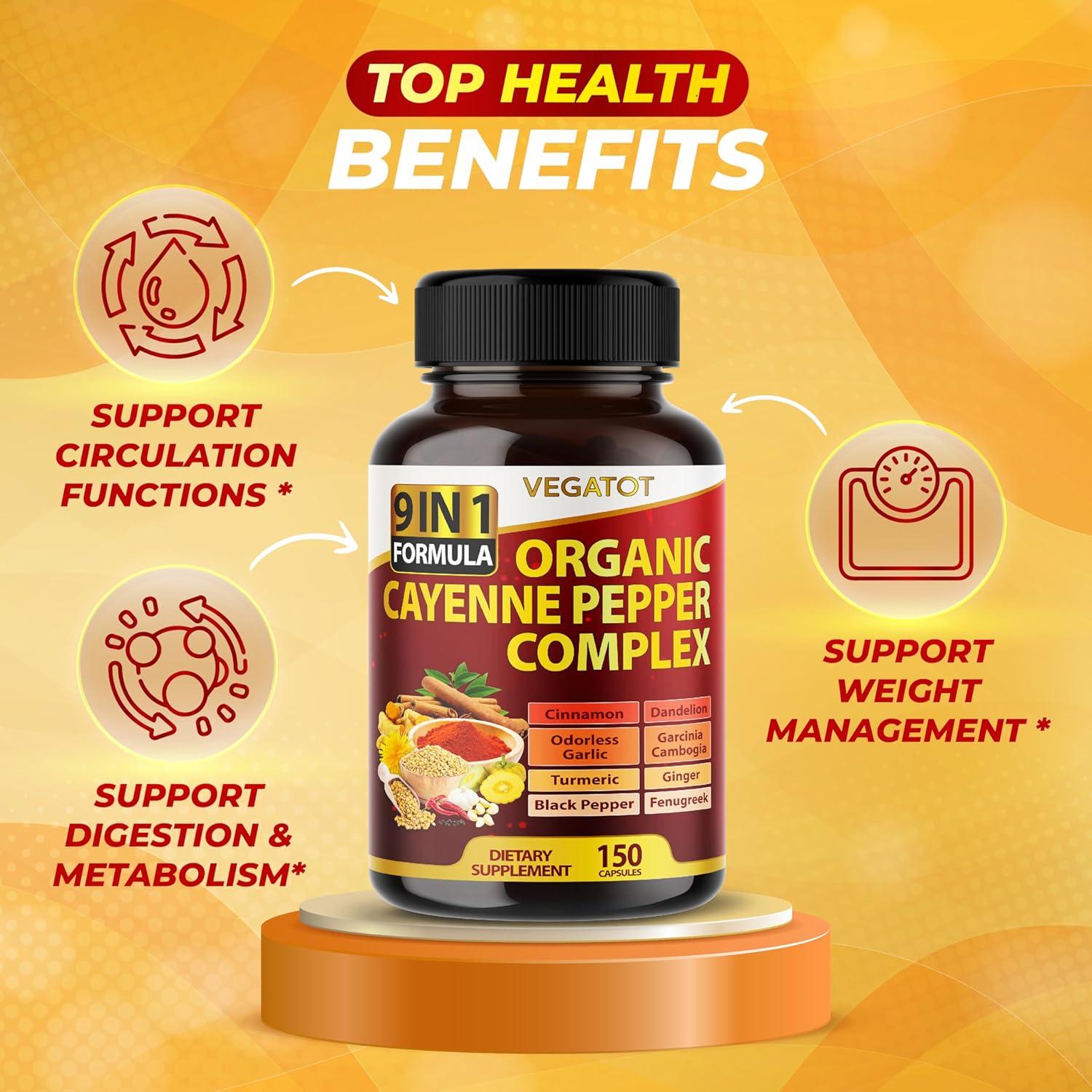 VEGATOT Organic Cayenne Pepper Complex with Cinnamon, Ginger, Turmeric for Health & Wellness - 150 Count