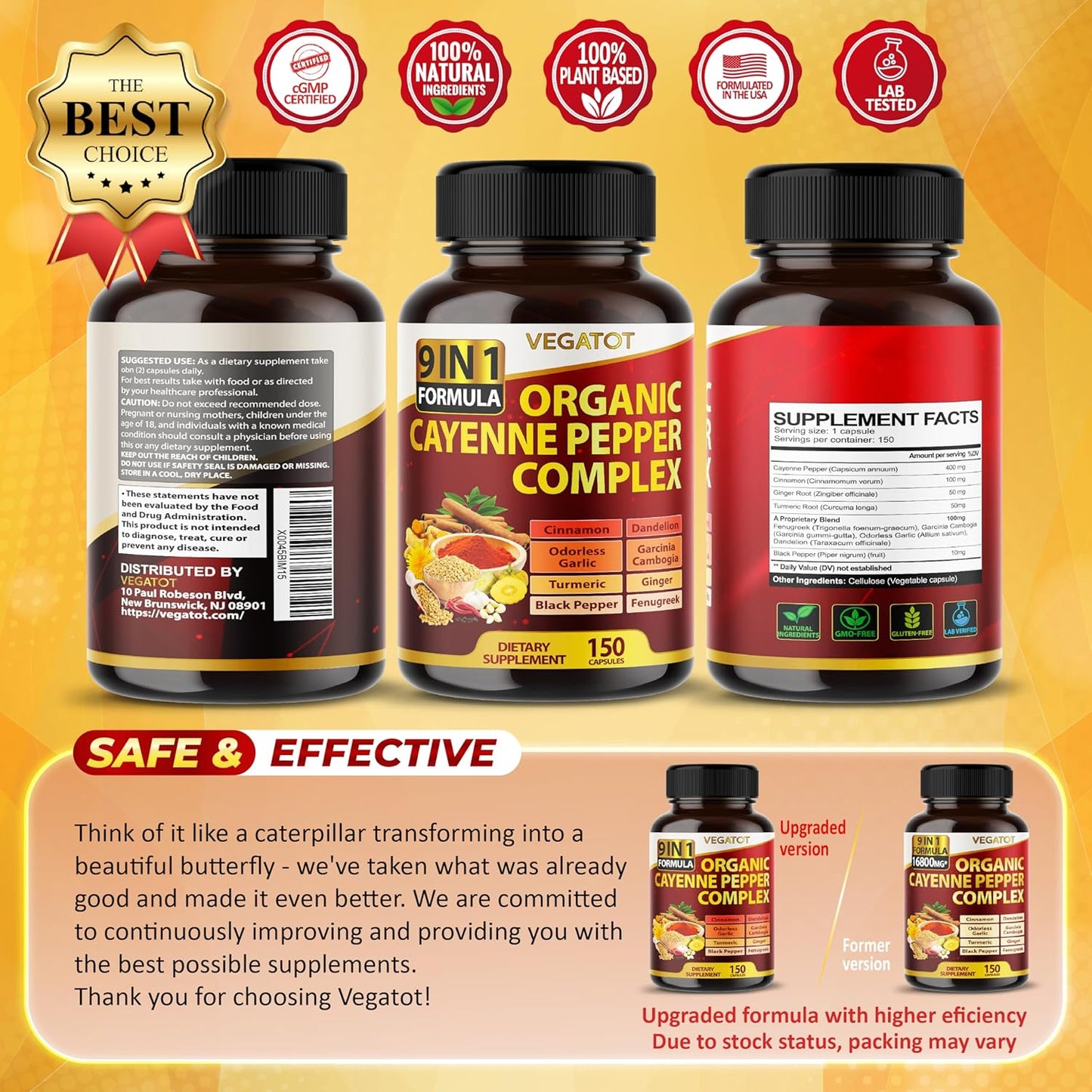 VEGATOT Organic Cayenne Pepper Complex with Cinnamon, Ginger, Turmeric for Health & Wellness - 150 Count