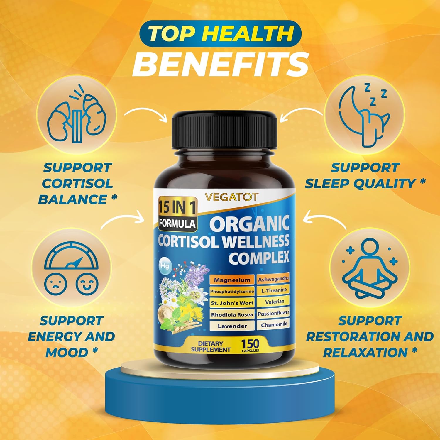 VEGATOT Organic Stress Relief Supplement with 15 Natural Ingredients including Magnesium, Ashwagandha, and Valerian