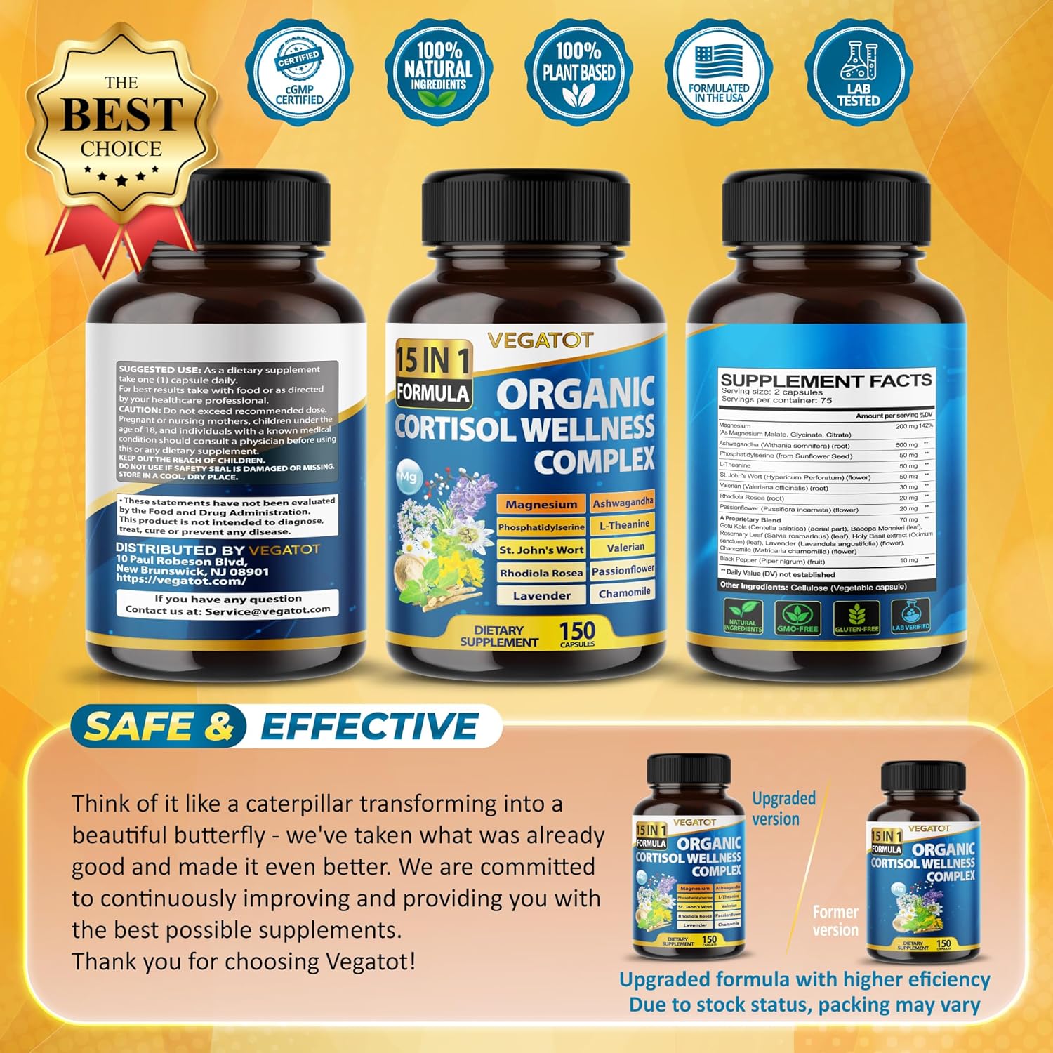 VEGATOT Organic Stress Relief Supplement with 15 Natural Ingredients including Magnesium, Ashwagandha, and Valerian