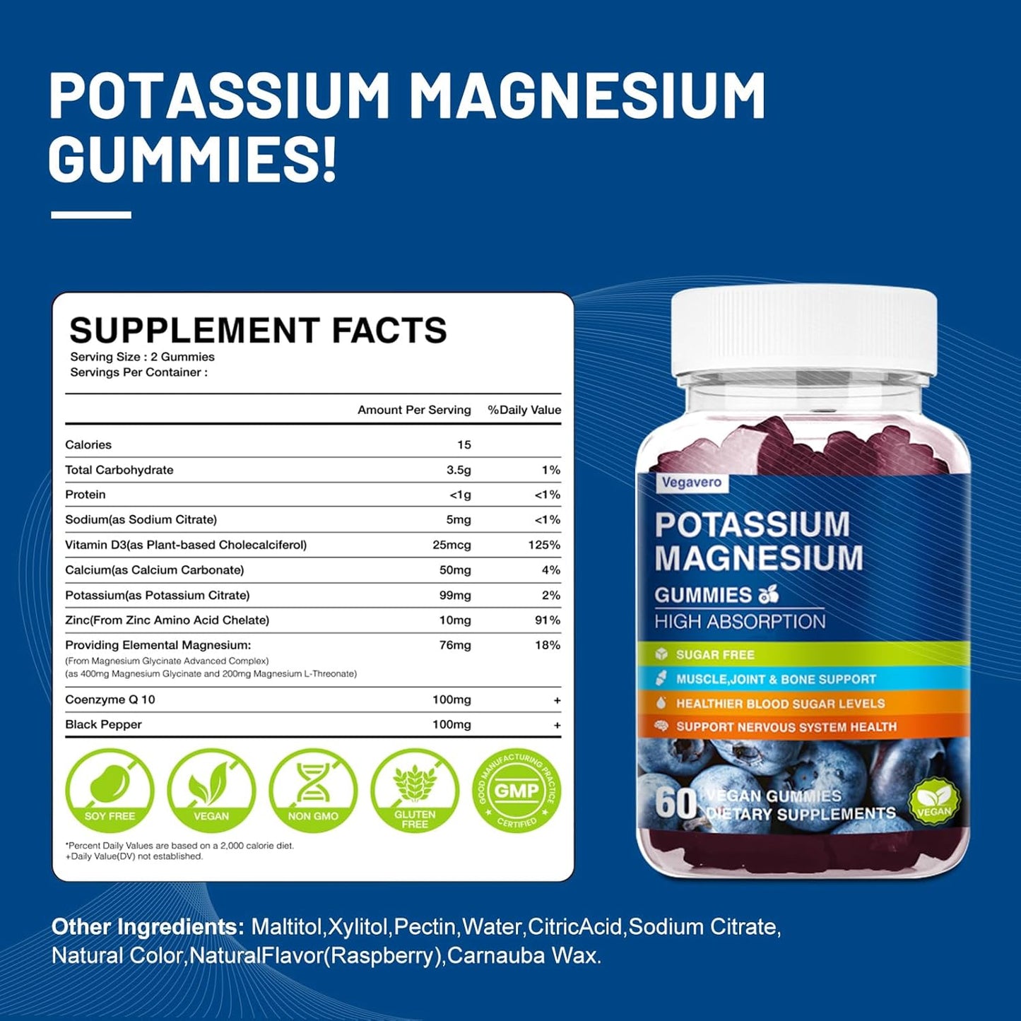 Vegavero Magnesium Potassium Gummies with Omega 3, B6, D3, K2 & Calcium - Blueberry Flavor - 60 Gummies