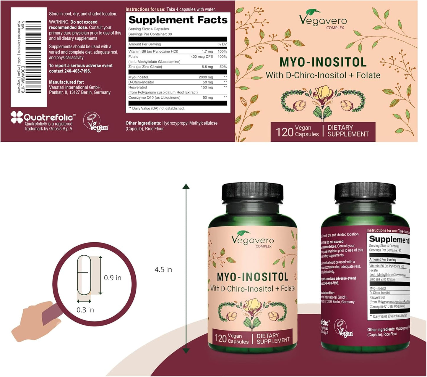 Vegavero Myo-Inositol & D-Chiro Inositol Capsules - Hormone Balance & Ovarian Support with Folate, Resveratrol, CoQ10 - 120 Vegan Capsules