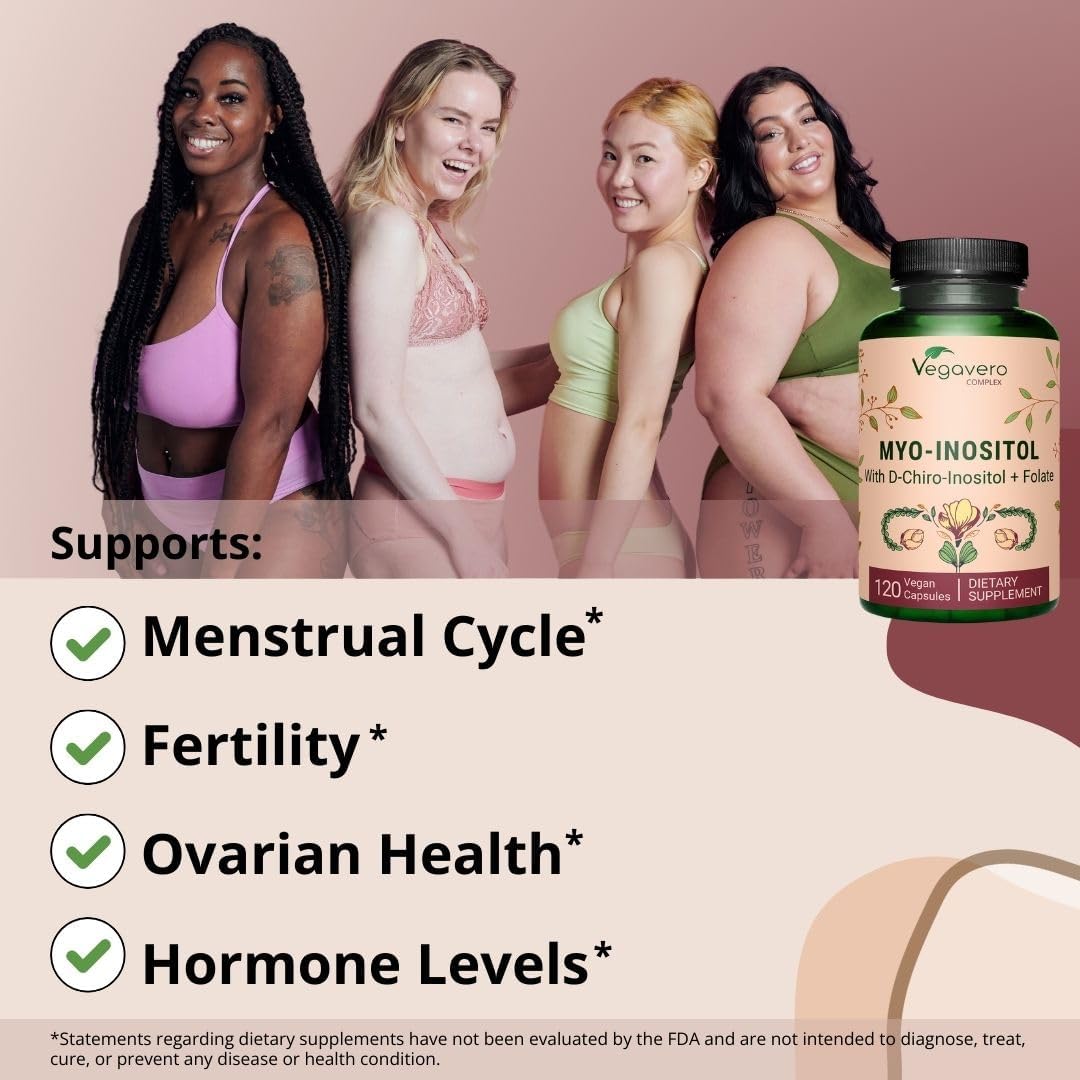 Vegavero Myo-Inositol & D-Chiro Inositol Capsules - Hormone Balance & Ovarian Support with Folate, Resveratrol, CoQ10 - 120 Vegan Capsules