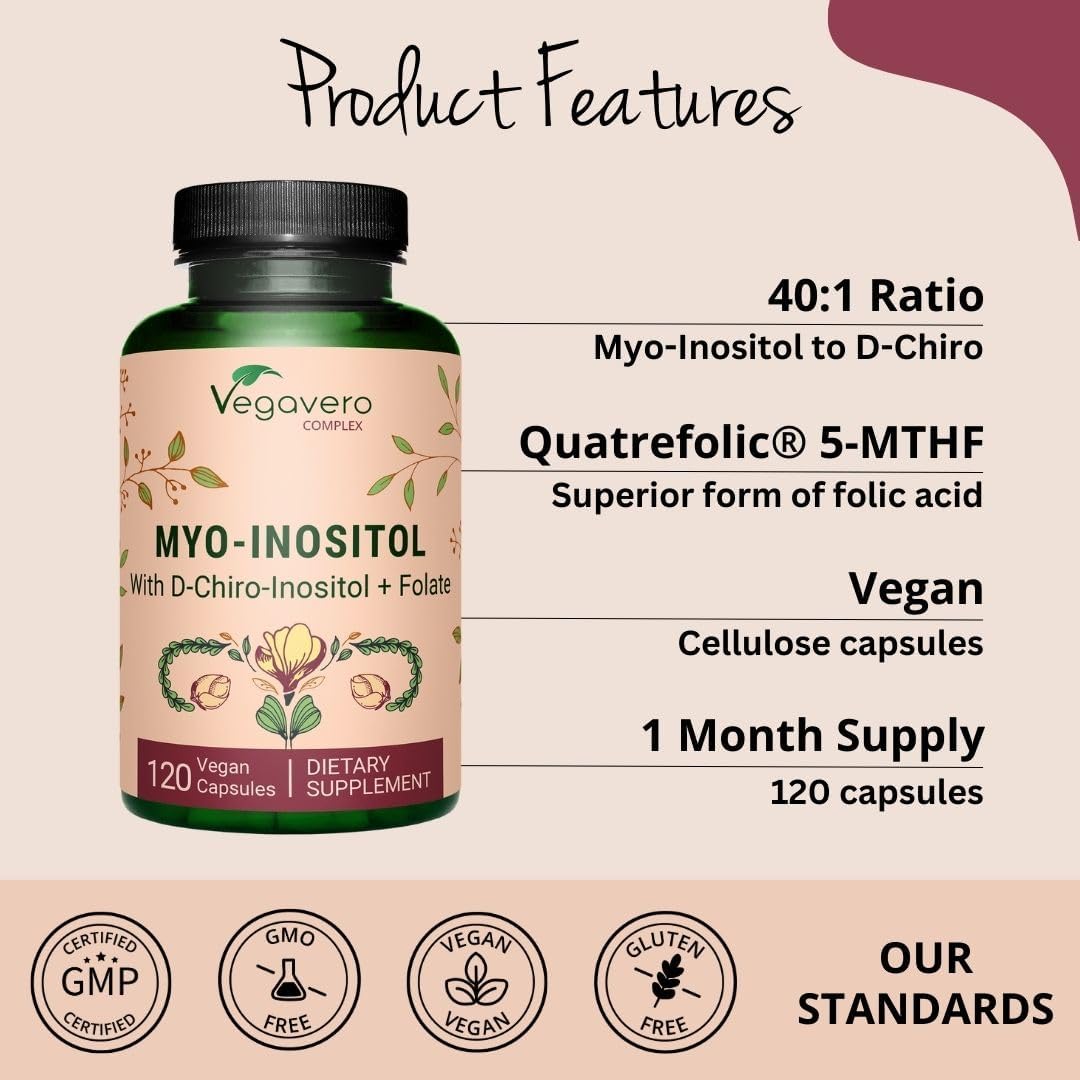 Vegavero Myo-Inositol & D-Chiro Inositol Capsules - Hormone Balance & Ovarian Support with Folate, Resveratrol, CoQ10 - 120 Vegan Capsules