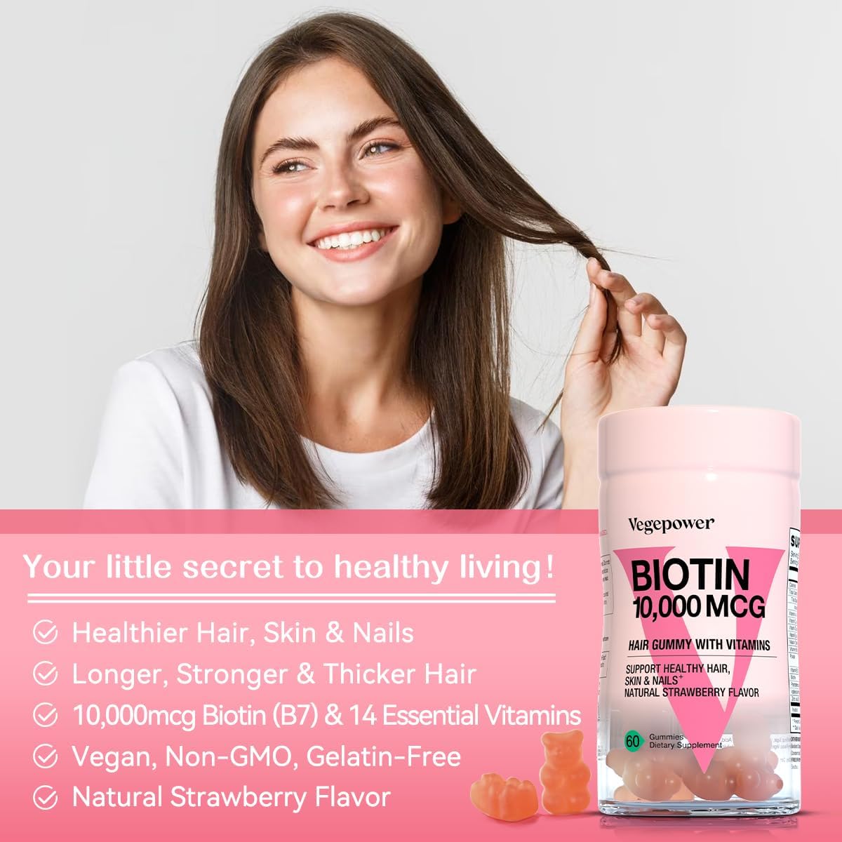 VEGEPOWER Biotin Gummies 10000mcg with Vitamin C, A, D, B-Complex, Folate, Zinc - Vegan Hair Growth Supplement for Women - Non-GMO Strawberry Gummy Bears, 120ct