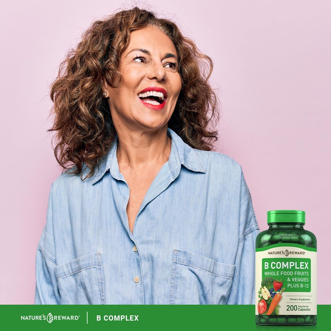 Vegetarian B Complex Supplement with Whole Food Fruits & Veggies - 200 Capsules with Vitamin B-12 - Non-GMO