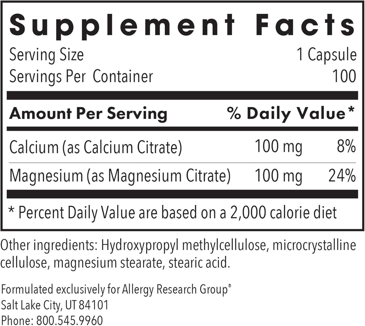 Vegetarian Calcium Magnesium Citrate Supplement for Bone Health - Pure, Well-Absorbed Capsules - 100 Count by Allergy Research Group