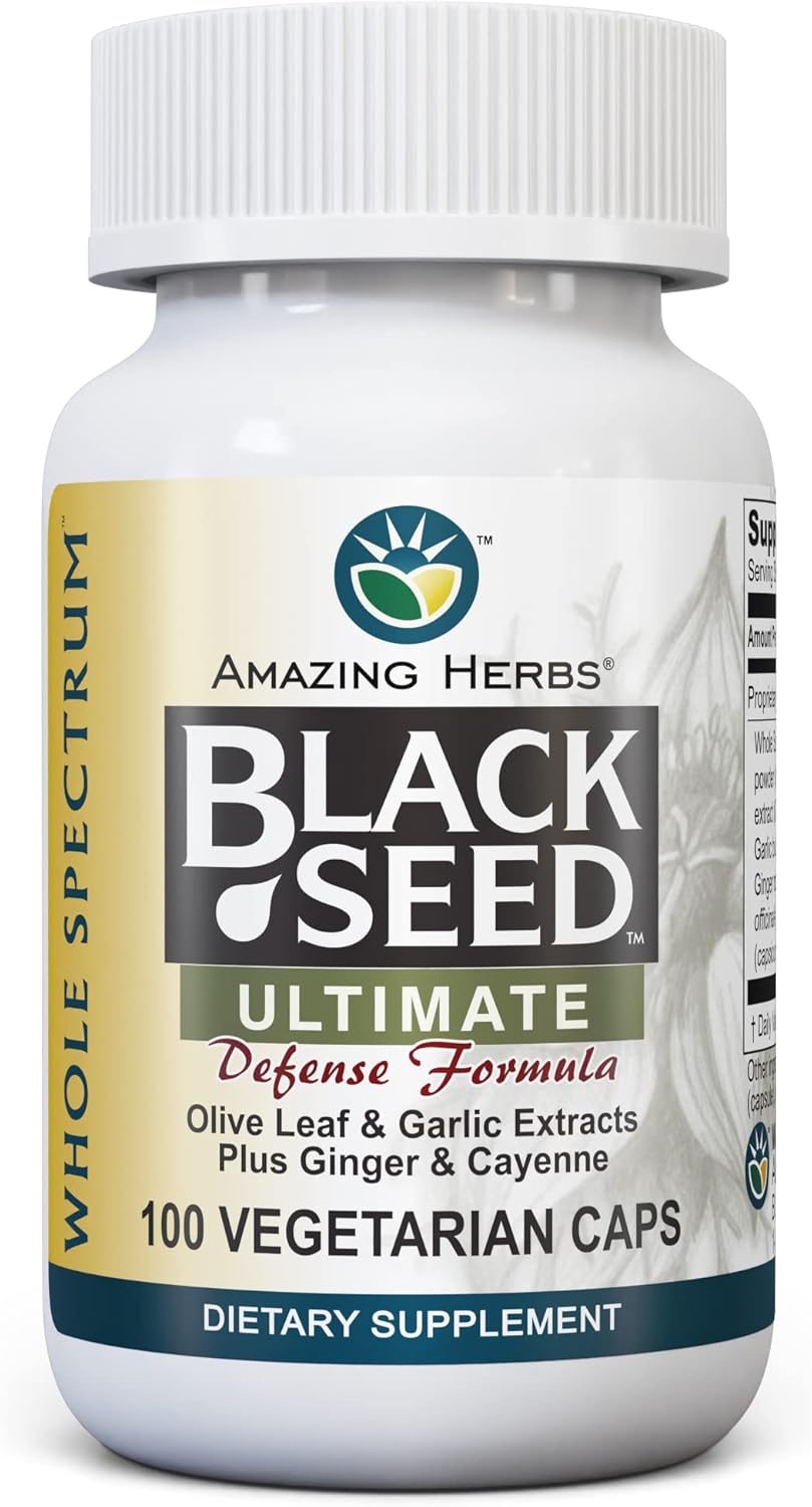 Vegetarian Capsules with Black Seed, Olive Leaf, Garlic, Ginger, and Cayenne - Non GMO, Gluten Free, Vegan - 100 Count