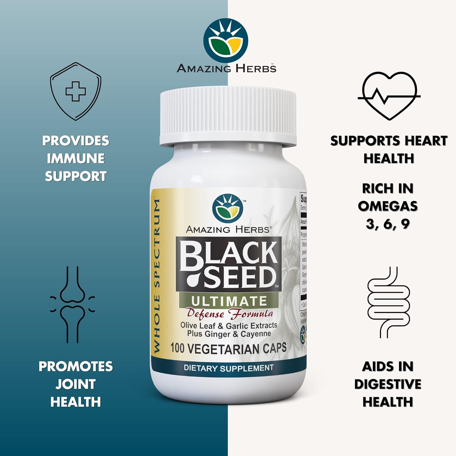 Vegetarian Capsules with Black Seed, Olive Leaf, Garlic, Ginger, and Cayenne - Non GMO, Gluten Free, Vegan - 100 Count