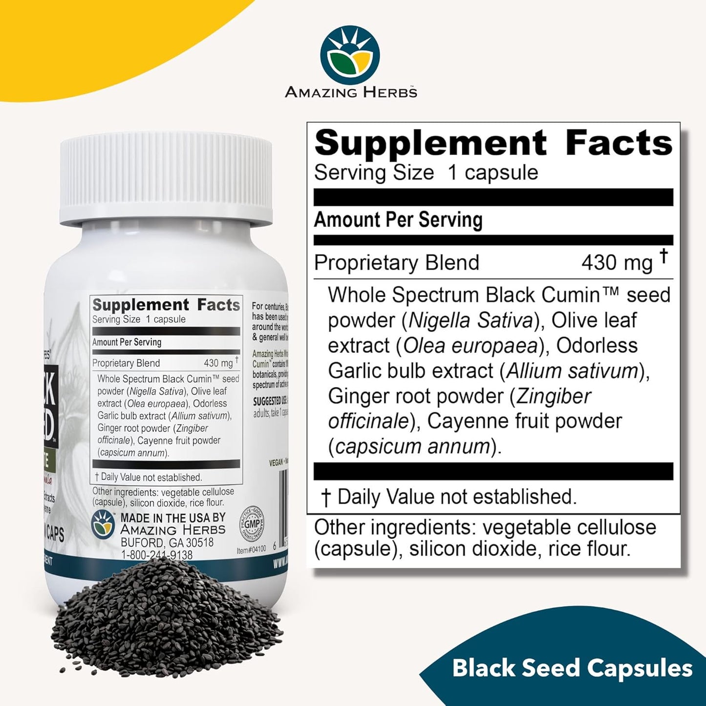 Vegetarian Capsules with Black Seed, Olive Leaf, Garlic, Ginger, and Cayenne - Non GMO, Gluten Free, Vegan - 100 Count