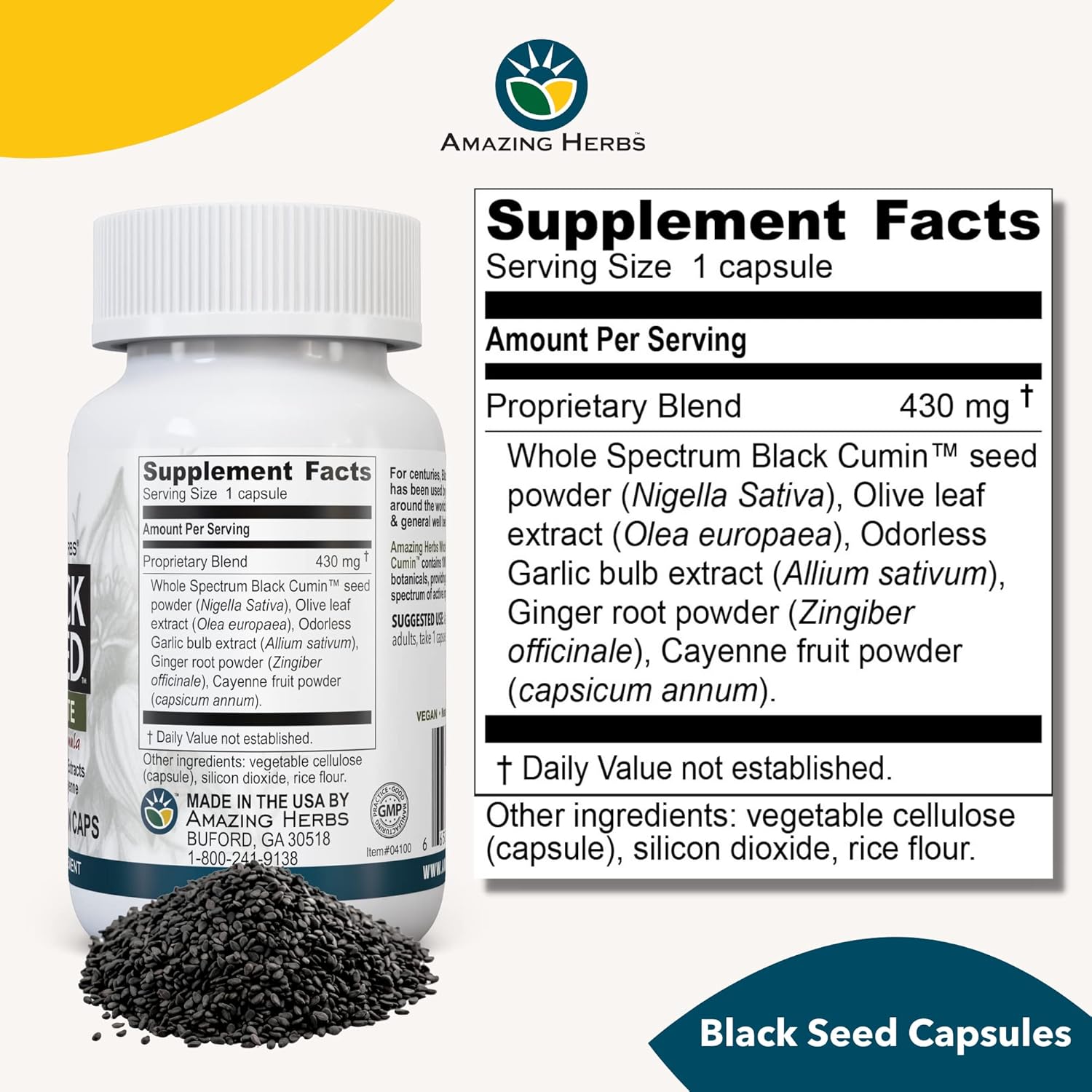 Vegetarian Capsules with Black Seed, Olive Leaf, Garlic, Ginger, and Cayenne - Non GMO, Gluten Free, Vegan - 100 Count