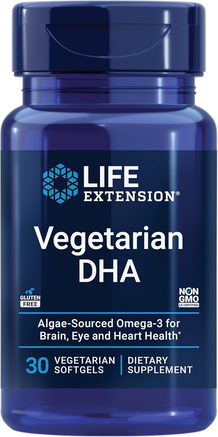 Vegetarian DHA Algae Omega-3 Softgels for Cognition, Mood, Eye Health - Gluten-Free, Non-GMO, Vegan - 30 Count