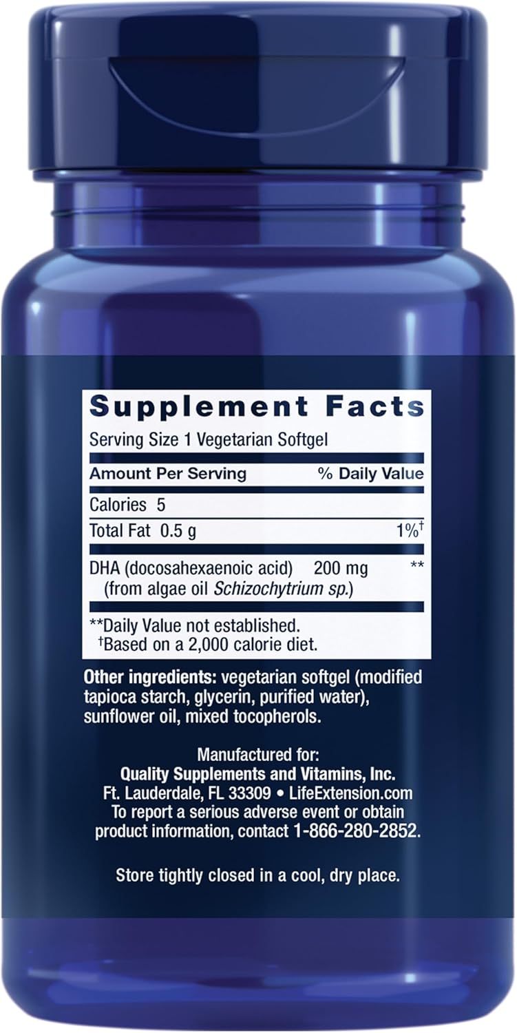 Vegetarian DHA Algae Omega-3 Softgels for Cognition, Mood, Eye Health - Gluten-Free, Non-GMO, Vegan - 30 Count