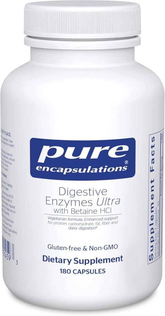 Vegetarian Digestive Enzyme Supplement with Betaine HCl for Protein, Carb, Fiber, and Dairy Digestion - 180 Capsules by Pure Encapsulations