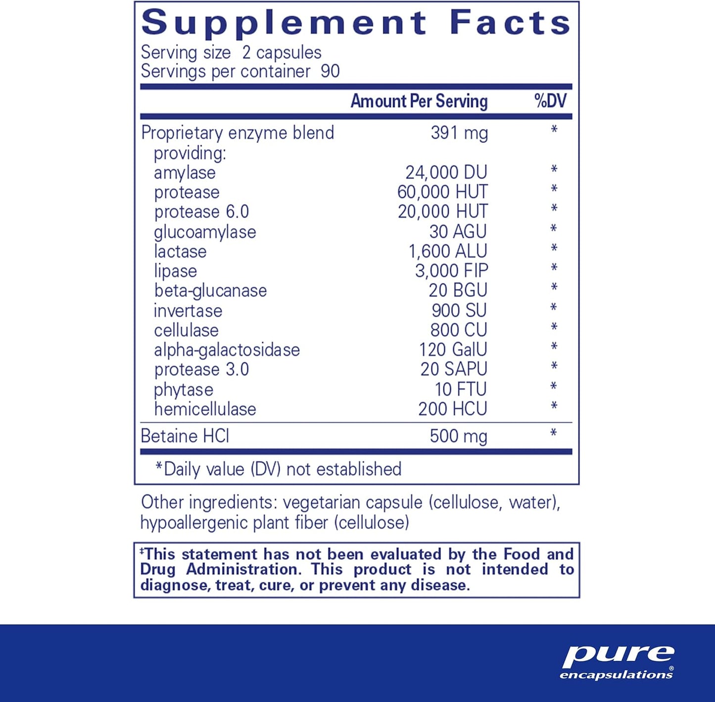 Vegetarian Digestive Enzyme Supplement with Betaine HCl for Protein, Carb, Fiber, and Dairy Digestion - 180 Capsules by Pure Encapsulations