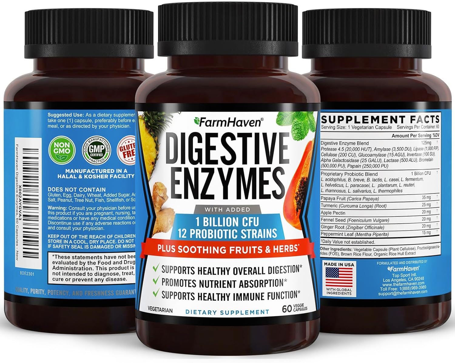 Vegetarian Digestive Enzymes with Probiotics and Herbs - Supports Lactose Absorption and Digestion - 60 Capsules