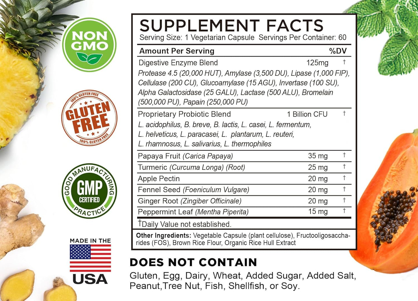 Vegetarian Digestive Enzymes with Probiotics and Herbs - Supports Lactose Absorption and Digestion - 60 Capsules