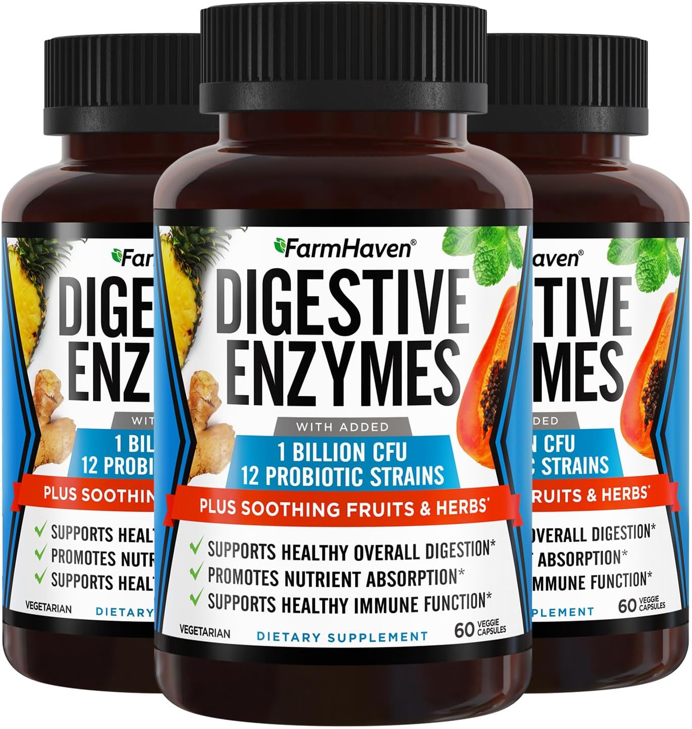 Vegetarian Digestive Enzymes with Probiotics & Herbs for Better Digestion - 180 Capsules
