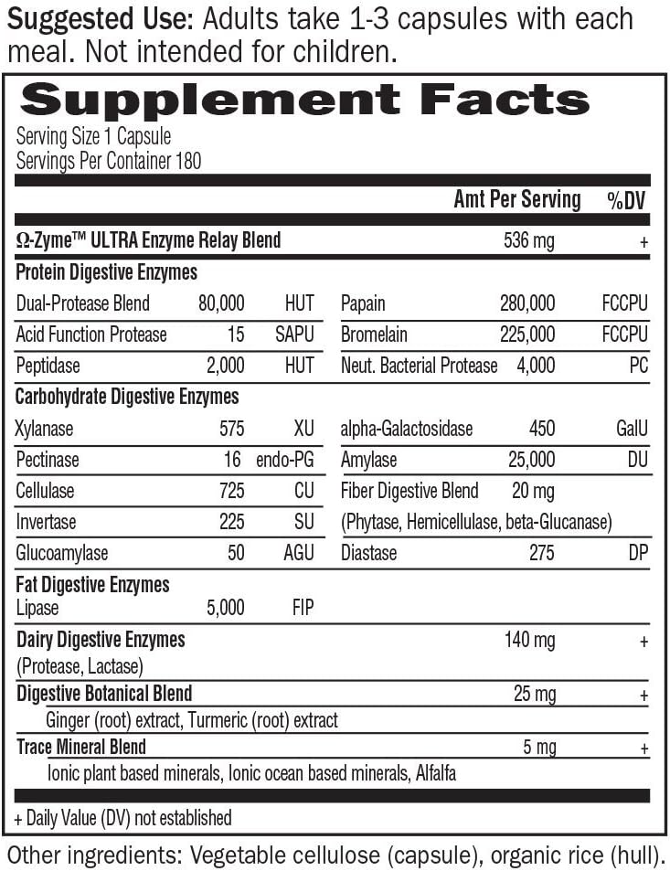 Vegetarian Digestive Supplement for Digestion, Bloating, Gas, IBS - Garden of Life Omega Zyme Ultra Enzyme Blend, 180 Capsules