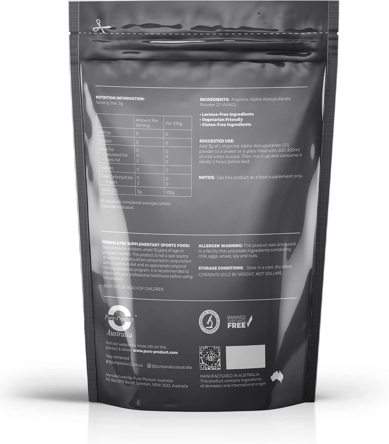 Vegetarian-Friendly L-Arginine Alpha-Ketoglutarate (AAKG) 2:1 Powder - 1.1 lb by Pure Product Australia