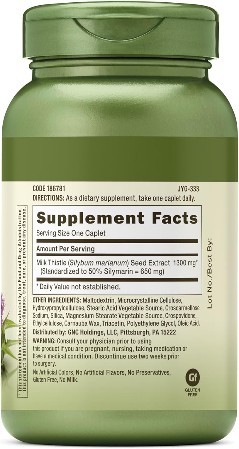 Vegetarian GNC Herbal Plus Milk Thistle 1300mg Supplement for Healthy Liver Function - 120 Count