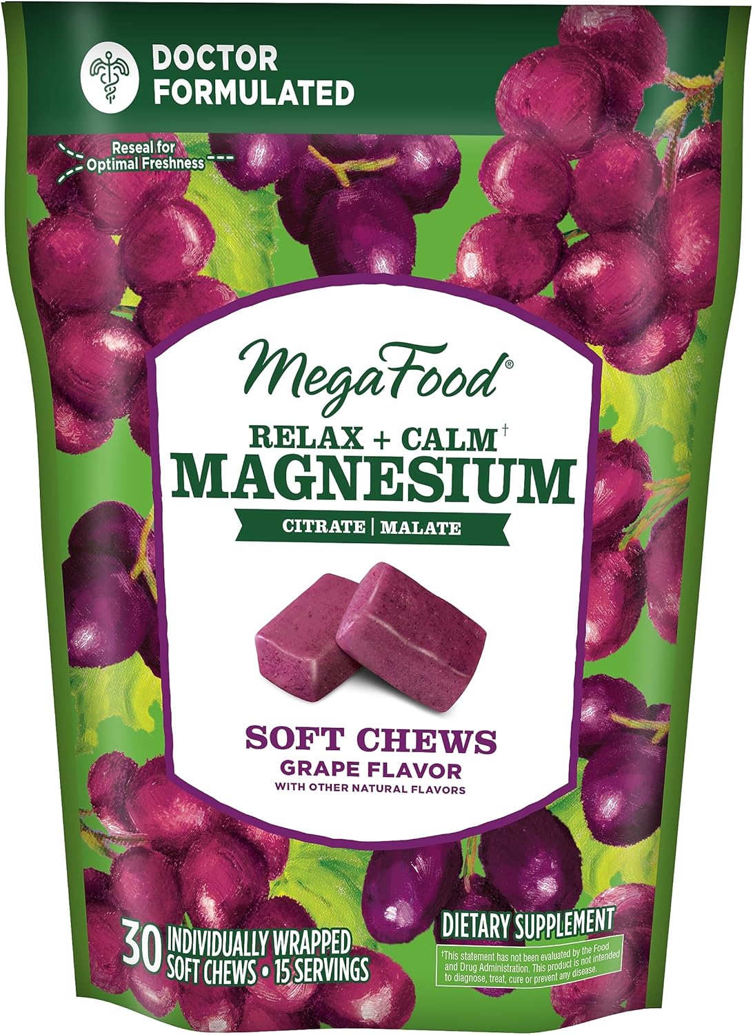Vegetarian Grape-Flavor Magnesium Soft Chews for Heart Health & Muscle Tension - MegaFood Relax + Calm Supplement - 30 Chews