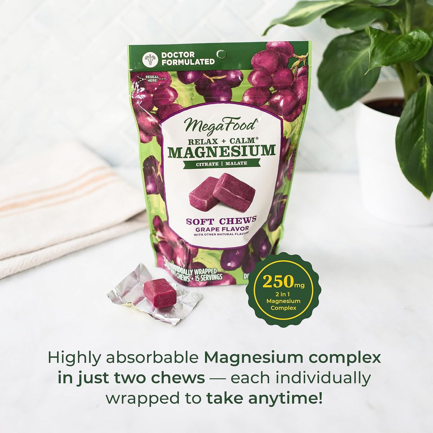 Vegetarian Grape-Flavor Magnesium Soft Chews for Heart Health & Muscle Tension - MegaFood Relax + Calm Supplement - 30 Chews