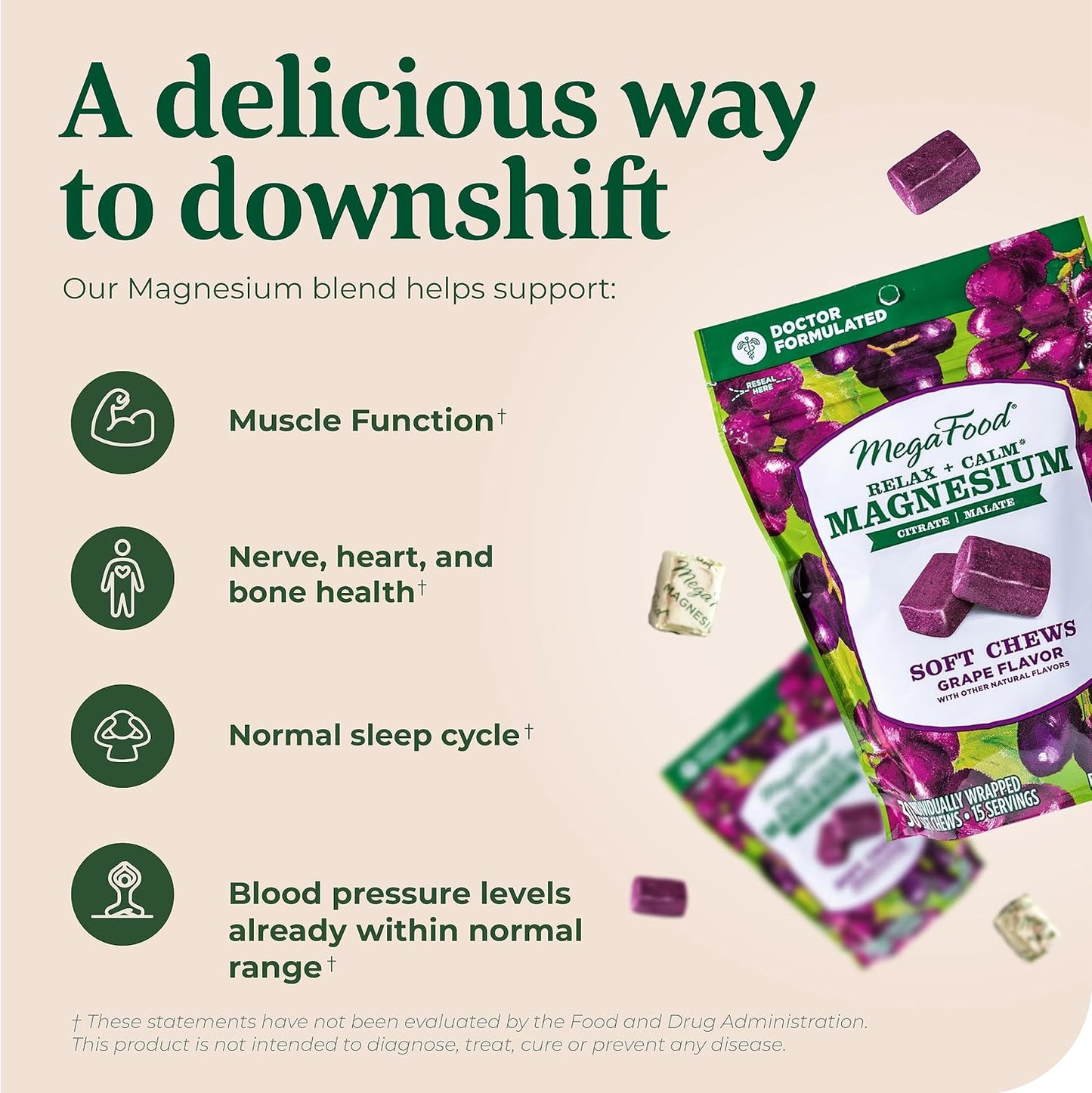 Vegetarian Grape-Flavor Magnesium Soft Chews for Heart Health & Muscle Tension - MegaFood Relax + Calm Supplement - 30 Chews